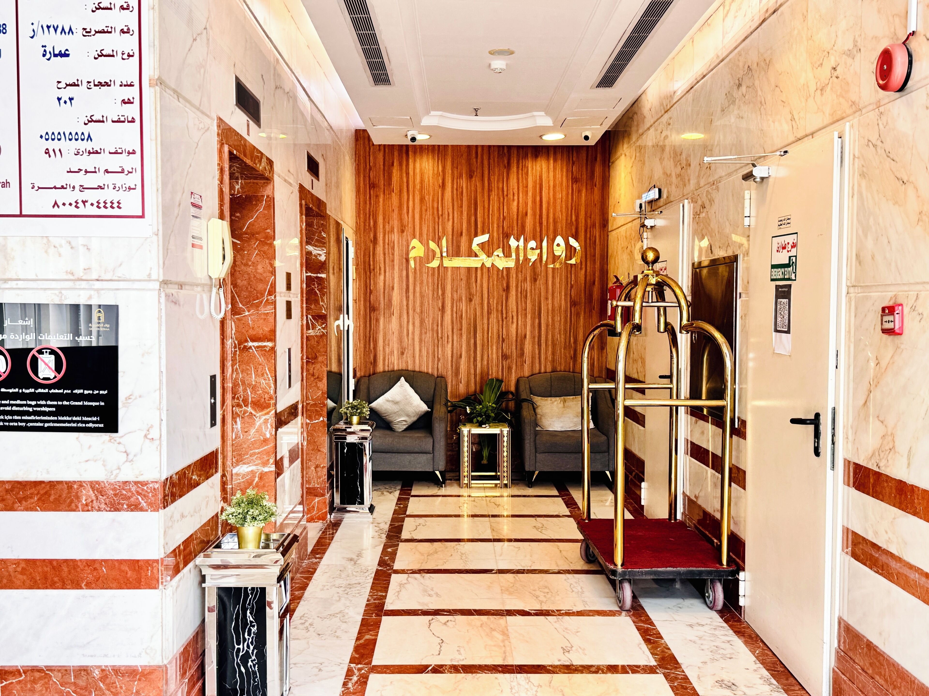A hotel lobby with a reception desk, a sofa, a small table with a plant, and a luggage cart.