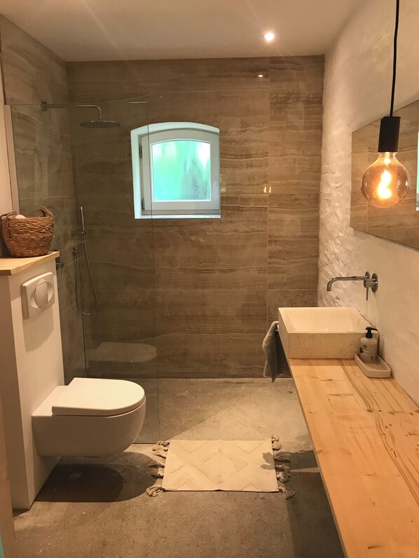 Shower, towels, soap, toilet paper