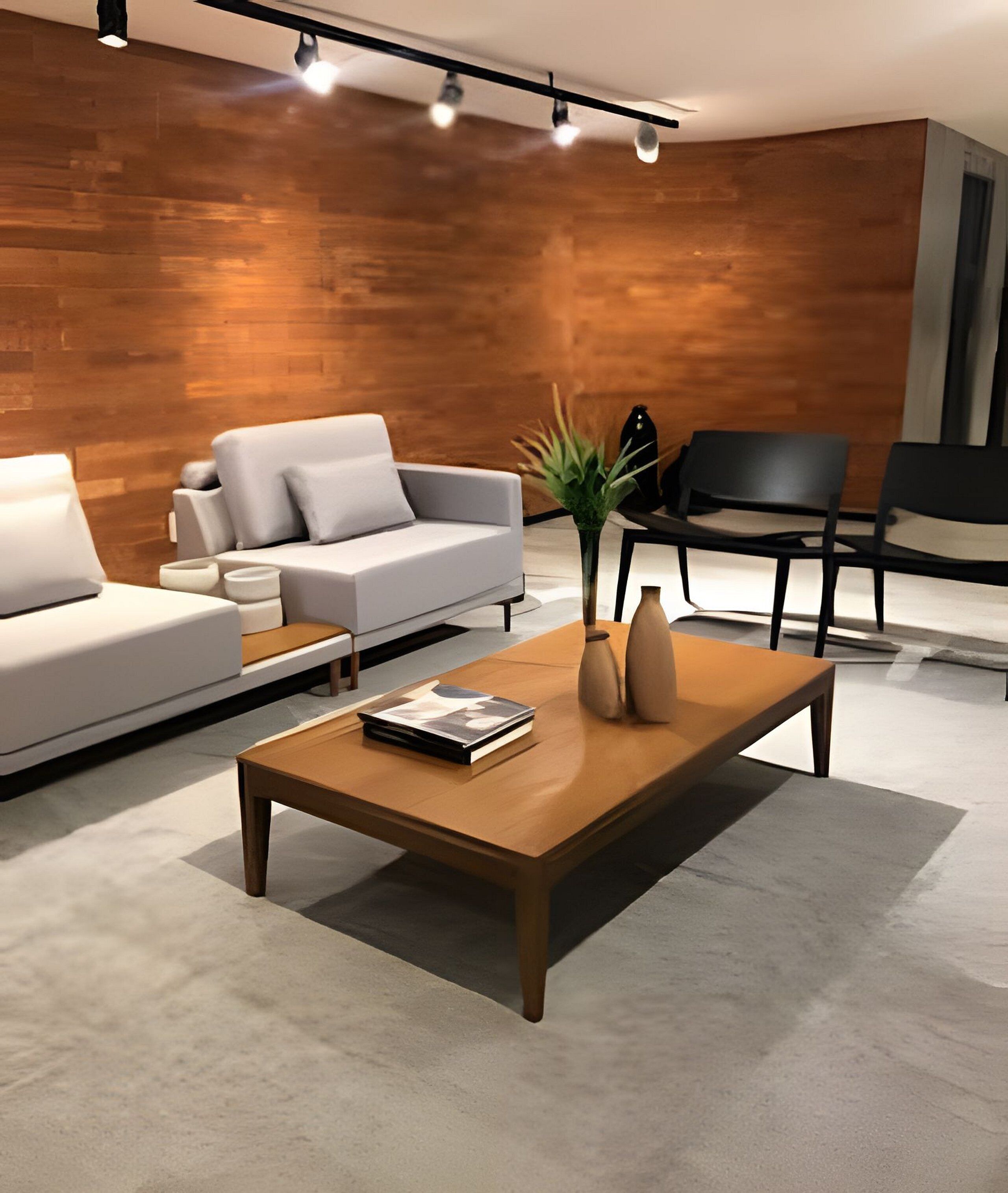 A modern living room with a sofa, a coffee table, and a chair.