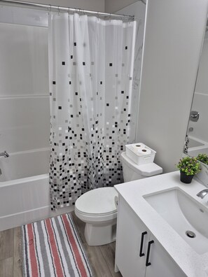 Secadora de cabello, toallas, jabón, papel de baño 
