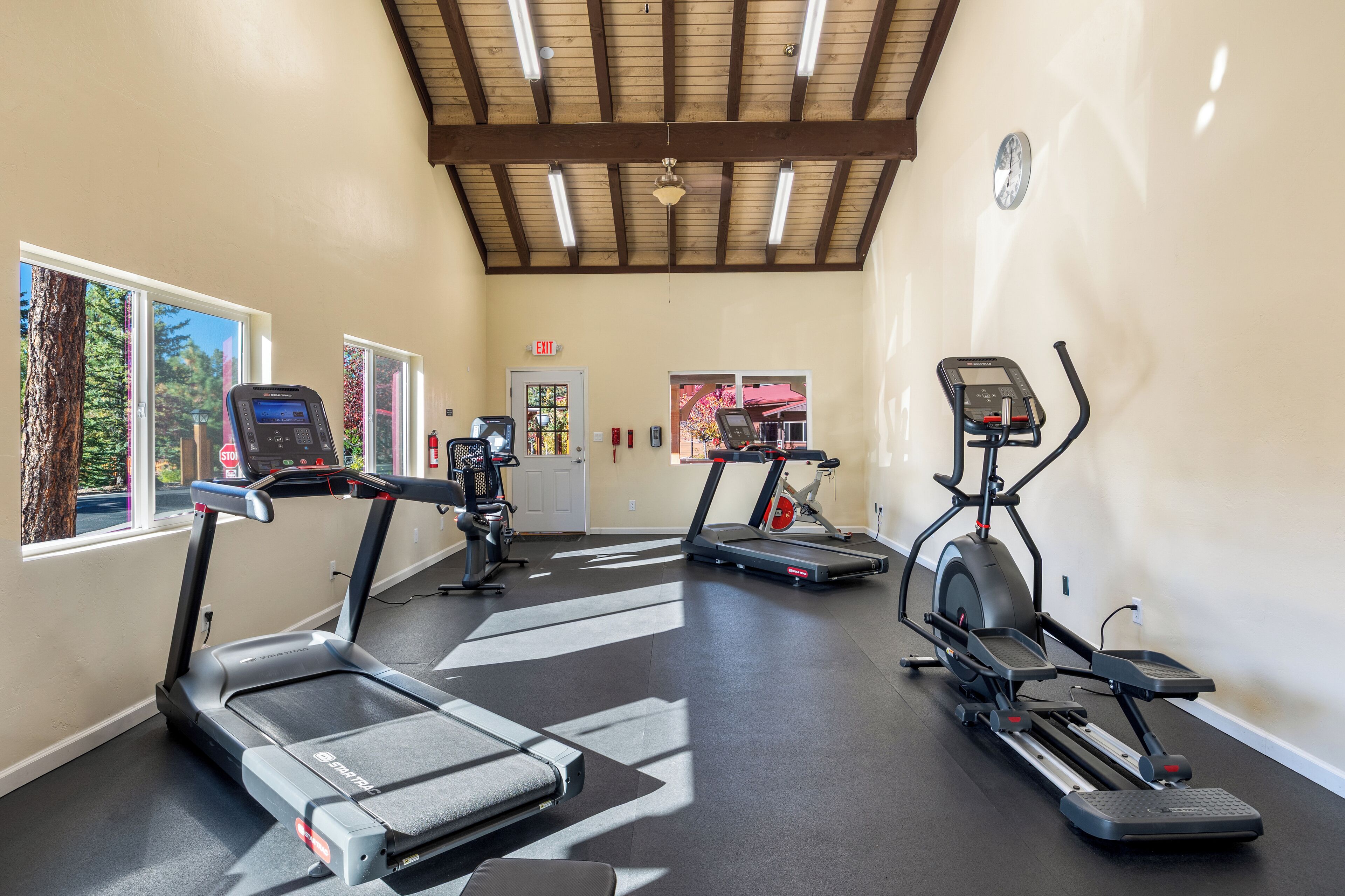 Ein Fitnessraum mit Laufbändern, Crosstrainern und einem Ergometer.