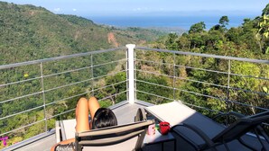 Un balcón con barandilla metálica que ofrece vistas a un paisaje verde exuberante y al océano.