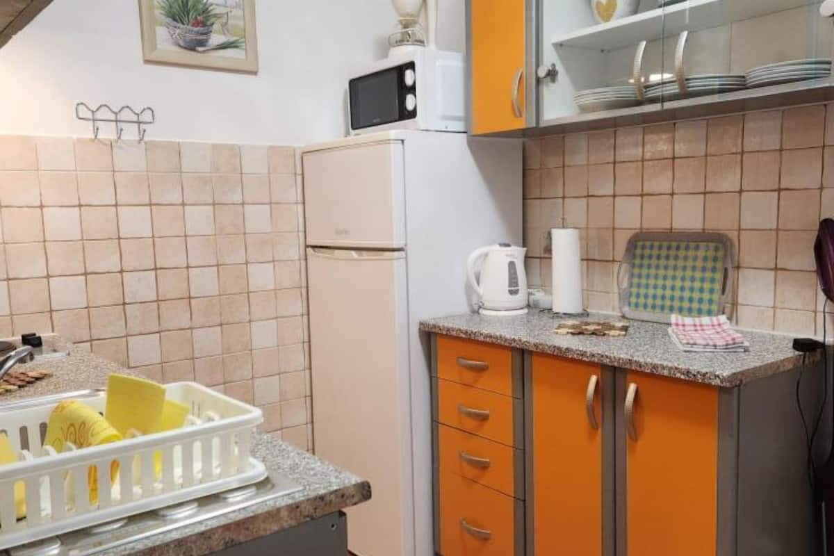 Ett kök med kylskåp, mikrovågsugn och en diskho med ett diskställ.