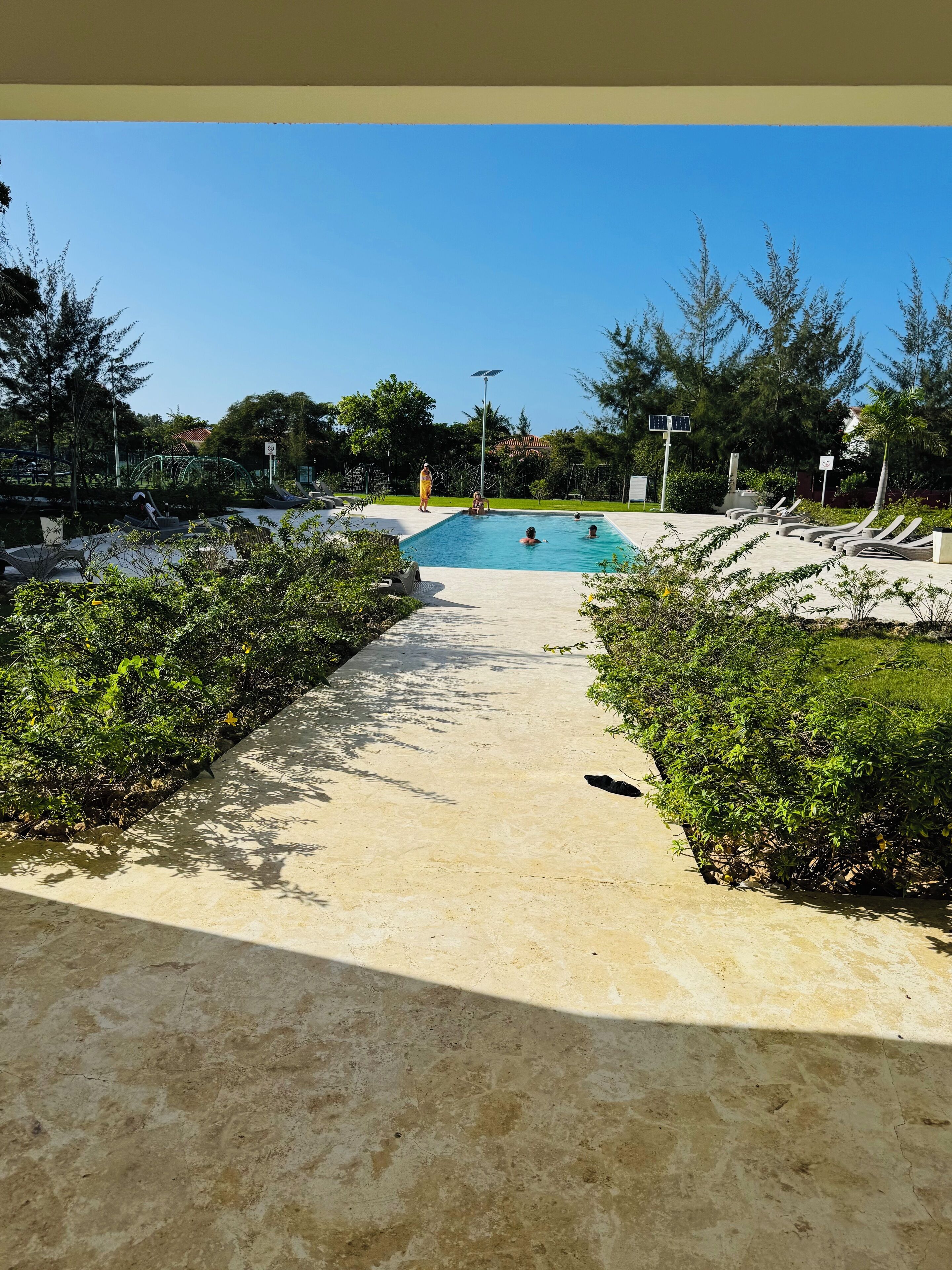 Zona de piscina con un sendero de concreto que lleva a ella, rodeada de vegetación y árboles.