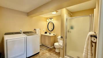 Hair dryer, towels, toilet paper