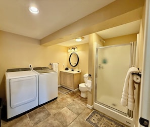 Hair dryer, towels, toilet paper