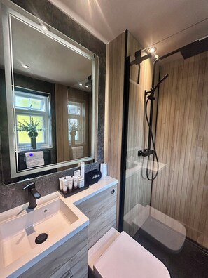 Shower, hair dryer, towels, soap