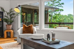 Smart TV, fireplace, books, music library