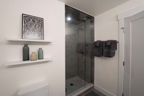 Shower, jetted tub, hair dryer, towels