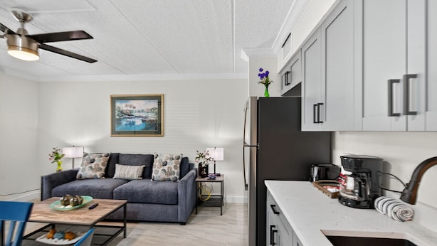A modern kitchen with a built-in oven, a coffee maker, and a sink. There is a dining area with a table and chairs, and a gray sofa with decorative pillows. - Coastal Comfort Just Steps from the Sand (St. Petersburg)
