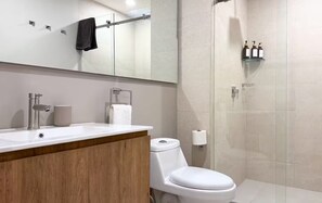 A modern bathroom with a wooden vanity, a toilet, a glass shower enclosure, and a mirror above the sink.