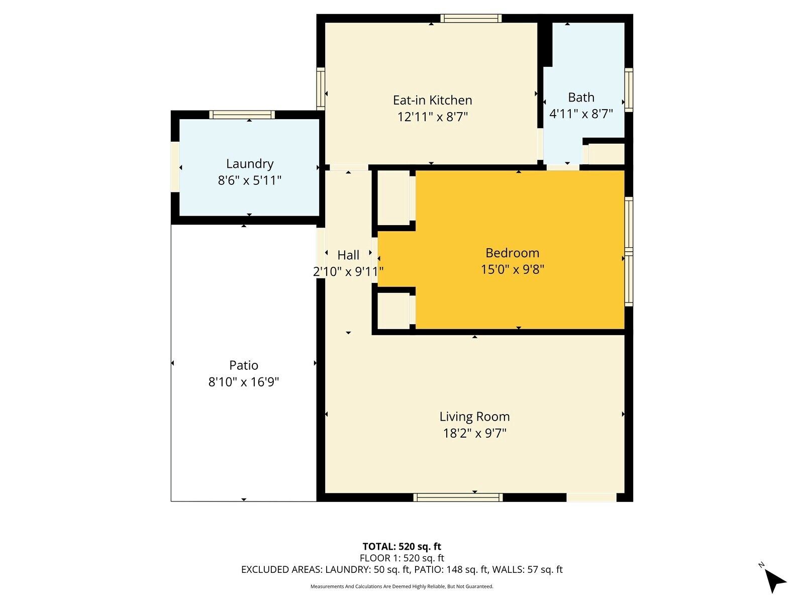 Plano de planta de una casa con una superficie total de 49 metros cuadrados. Incluye sala de estar, dormitorio, baño, cocina, lavadero y patio.