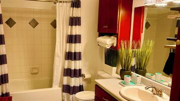 Hair dryer, towels, soap, toilet paper