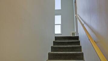 Una escalera con peldaños alfombrados y barandilla de madera, que conduce a un rellano con ventana.
