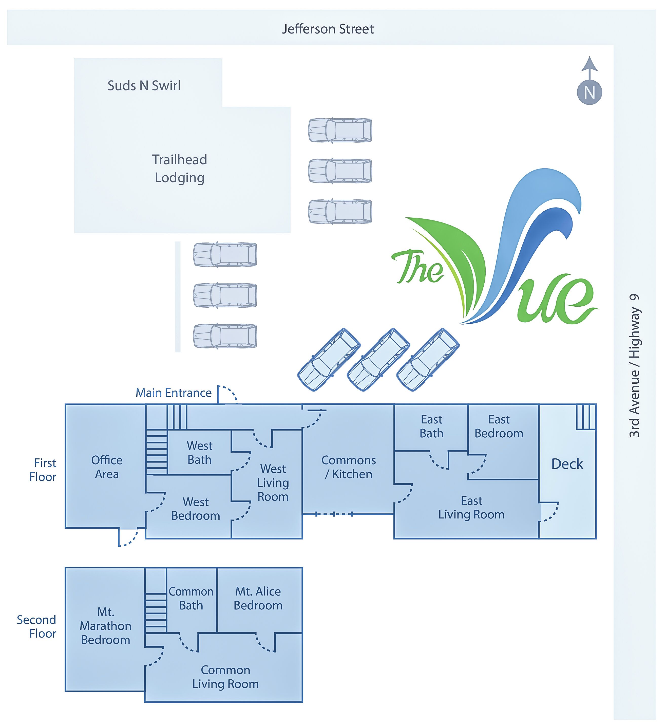 A floor plan of a hotel with a main entrance, office area, multiple bedrooms, bathrooms, and a deck.