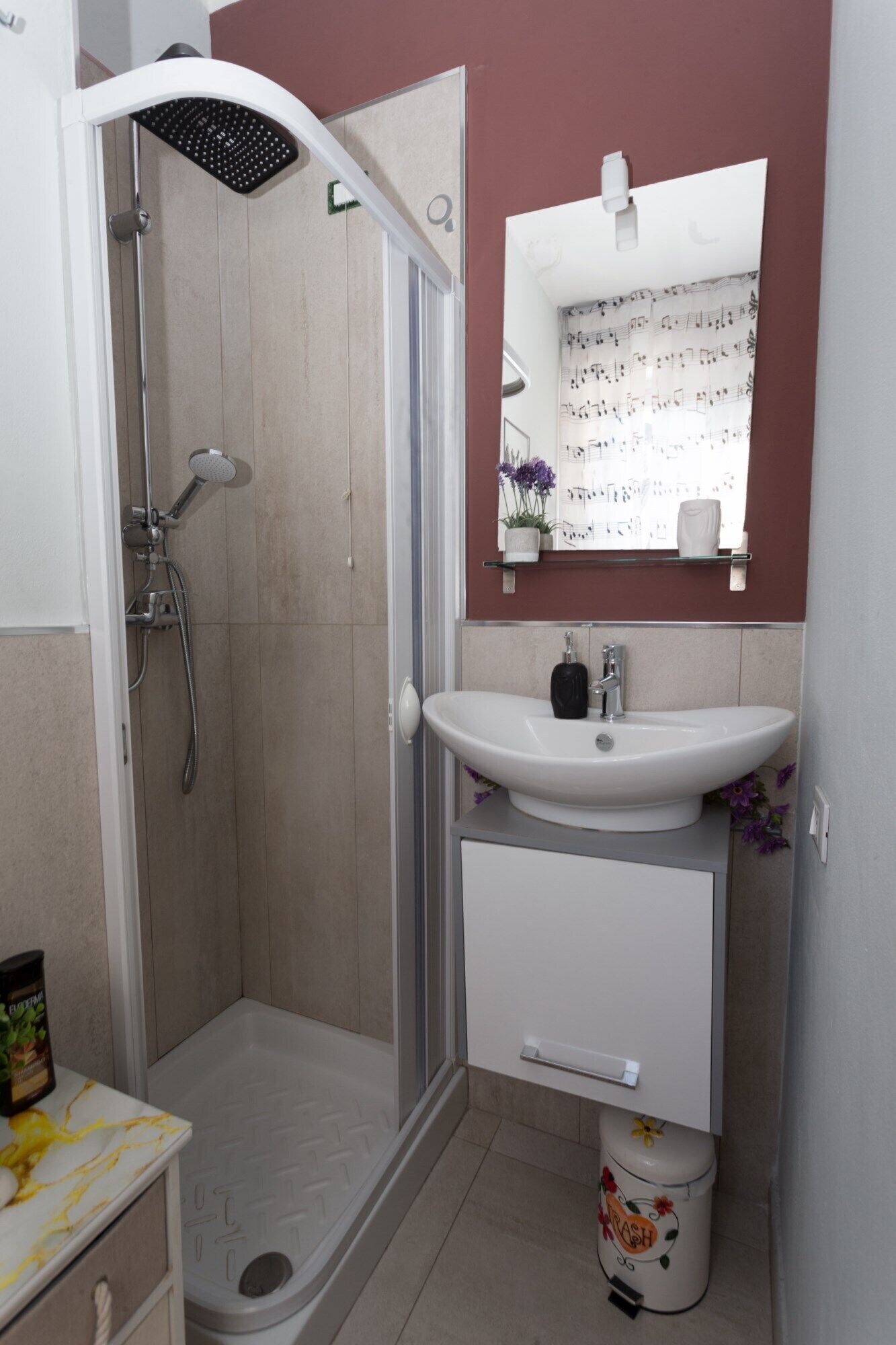 A bathroom with a shower, sink, and mirror.
