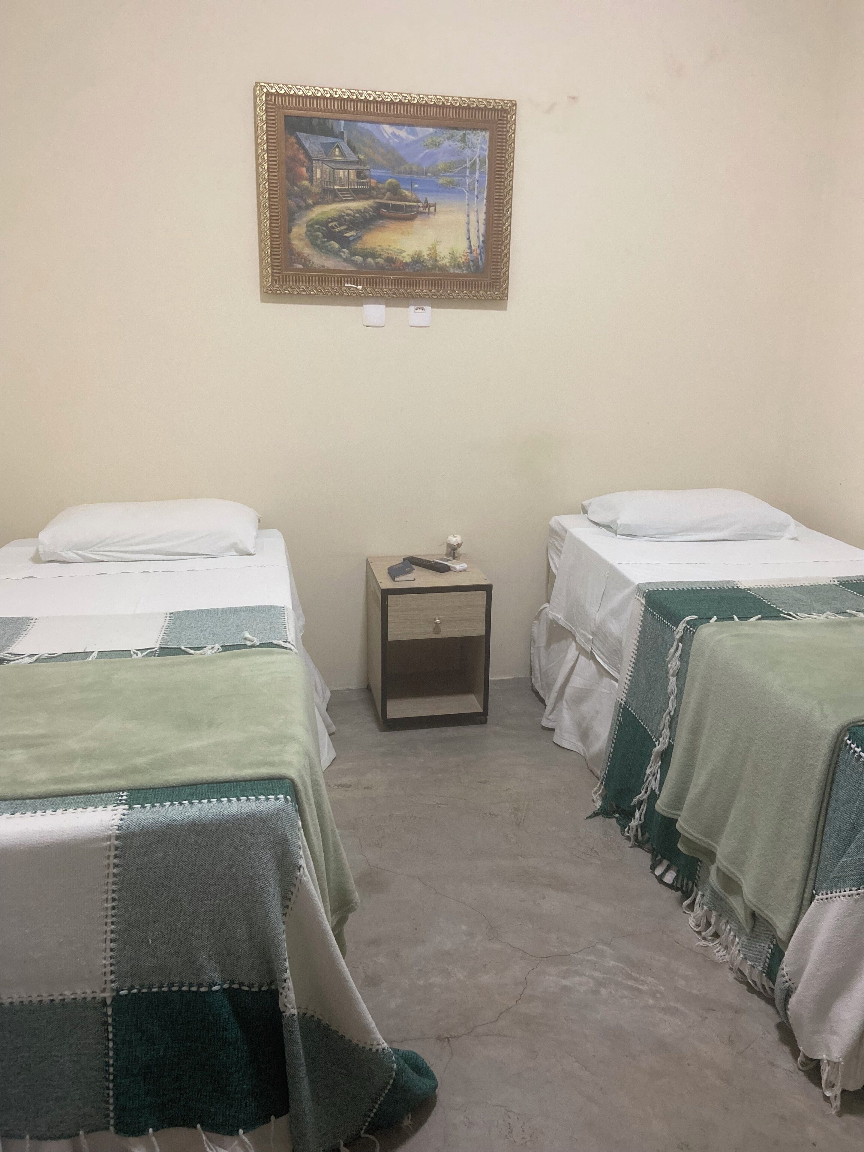 A room with two beds, each with a white pillow and a green and white checkered blanket. There is a small wooden nightstand with a lamp and a remote control. A framed painting of a house by a lake hangs on the wall.