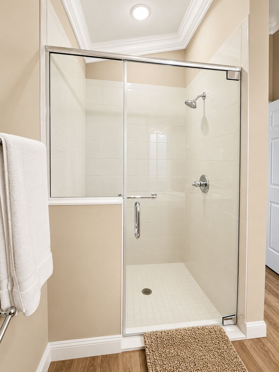 Une douche à l’italienne avec une porte en verre, une barre d’appui et un pommeau de douche.