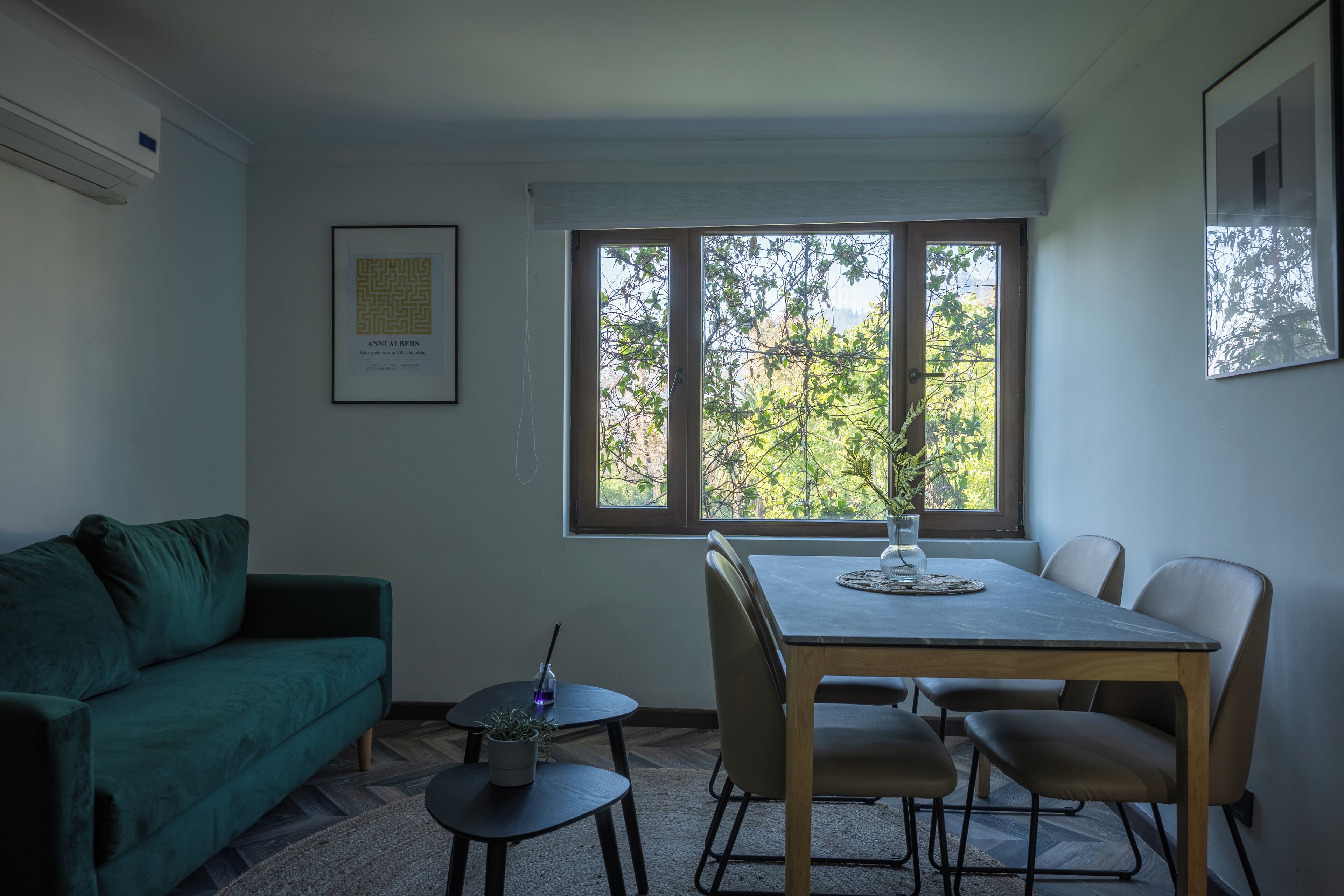 A dining area with a table, chairs, a green sofa, and a small side table with a plant.