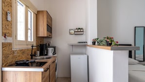 A compact kitchen with wooden cabinets, a built-in stove, a sink, and a small refrigerator. There is a shelf with potted plants and a bed in the adjacent room. - Simba Studio in Larnaca & Terrace (Larnaca)