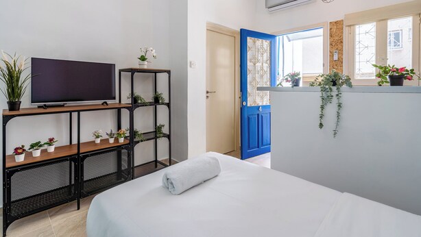 A hotel room with a bed, a TV on a wooden shelf, a blue door, and potted plants. - Simba Studio in Larnaca & Terrace (Larnaca)