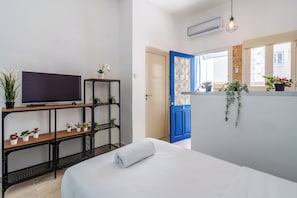 A hotel room with a bed, a TV on a wooden shelf, a blue door, and potted plants.