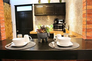 Fridge, microwave, coffee/tea maker, toaster