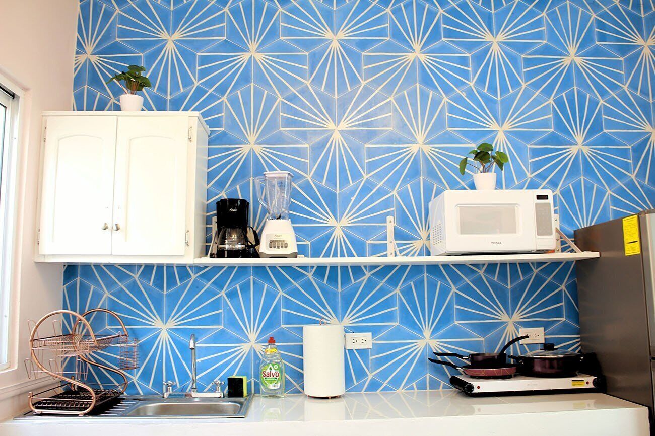 Fridge, microwave, coffee/tea maker, toaster