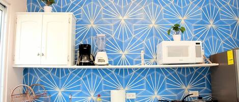 Fridge, microwave, coffee/tea maker, toaster