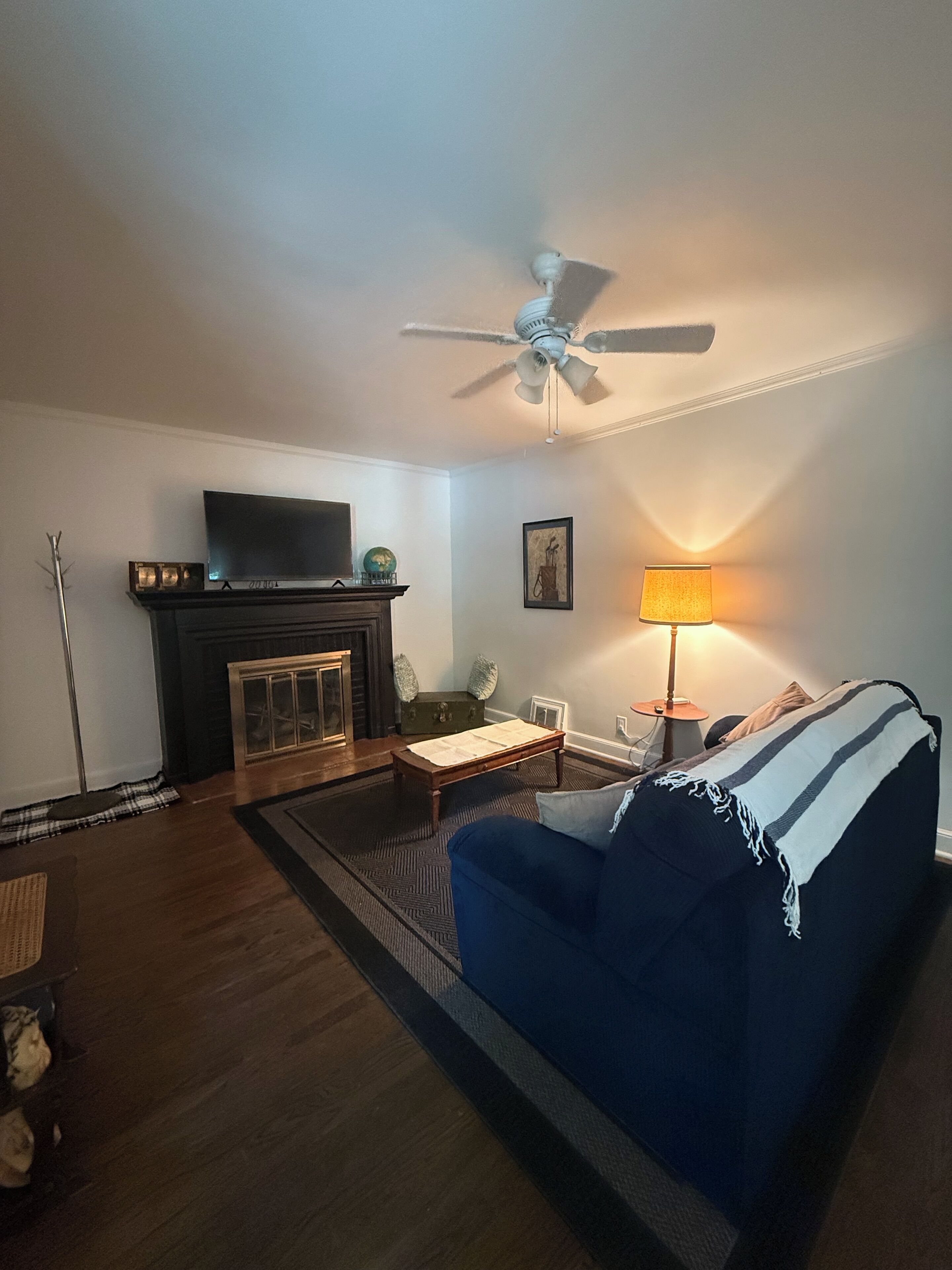 A living room with a fireplace, a sofa, a lamp, and a ceiling fan.