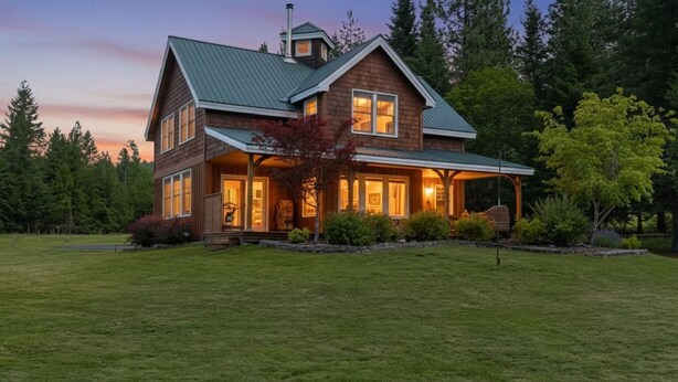 A two-story house with a green roof, large windows, and a covered porch.