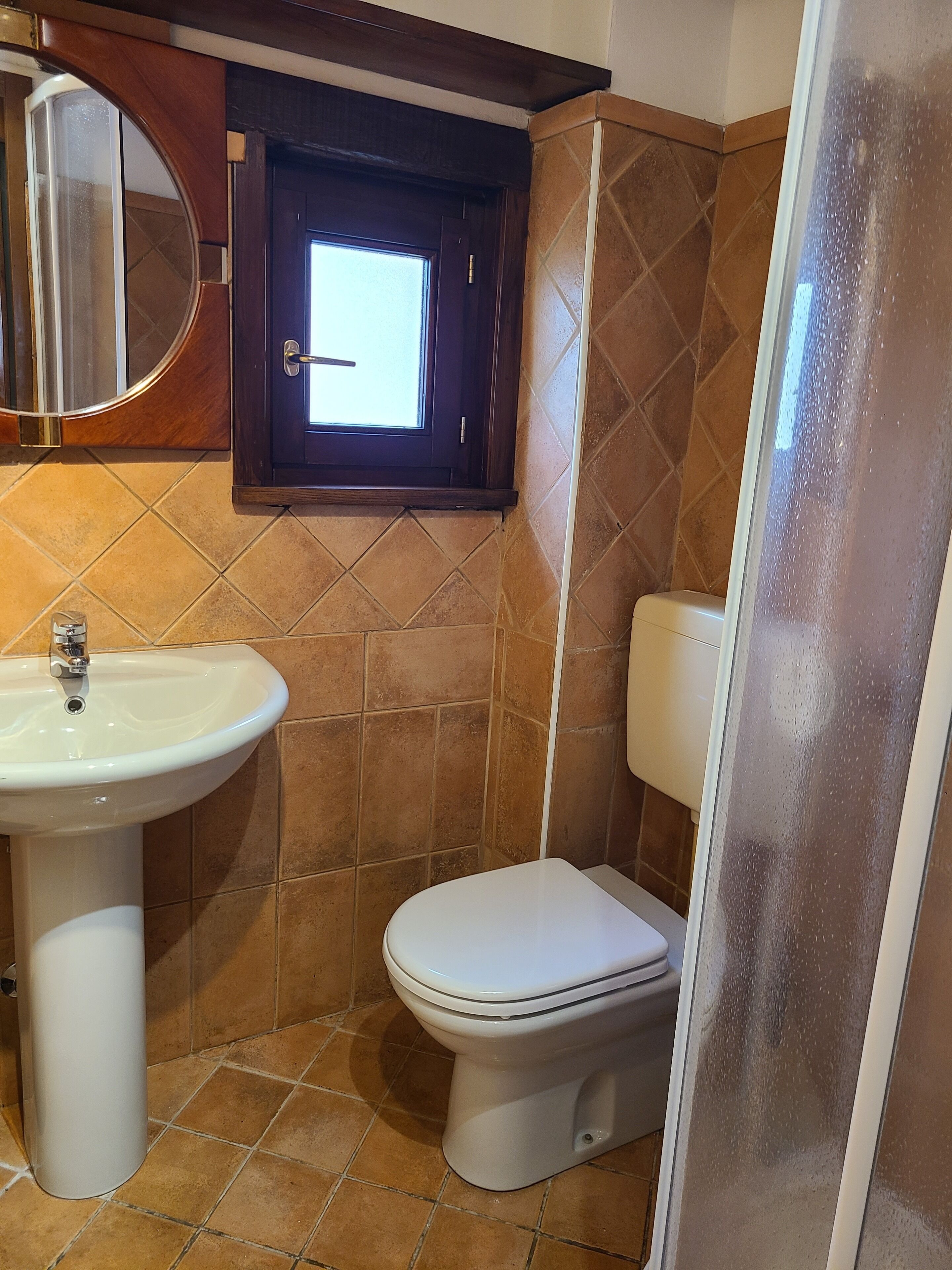 A bathroom with a white sink, a toilet, and a shower area.