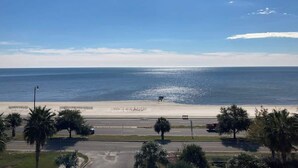Une vue sur la plage, avec une route au premier plan et un ciel dégagé.