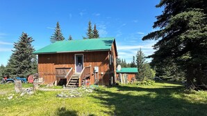 A wooden cabin with a green roof, surrounded by a grassy area and trees. - 3-bedroom House in Ninilchik by Deep Creek (Ninilchik)