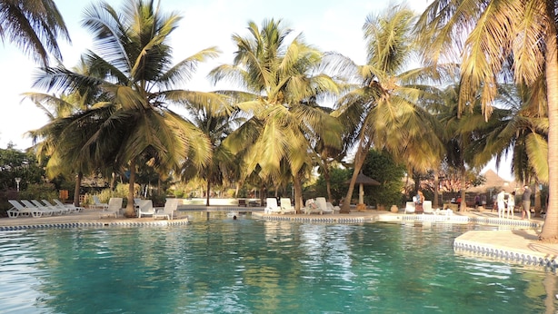 A clear swimming pool surrounded by palm trees and lounge chairs. - Villa pool, residence pools, beach, seaside, beach restaurant (Saly,Région de Thiès)