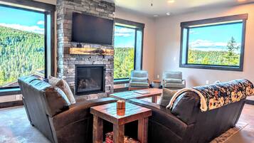 Smart TV, fireplace, books