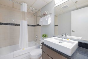Hair dryer, towels, soap, toilet paper