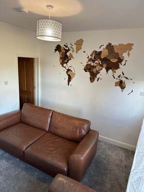 Smart TV, fireplace, books