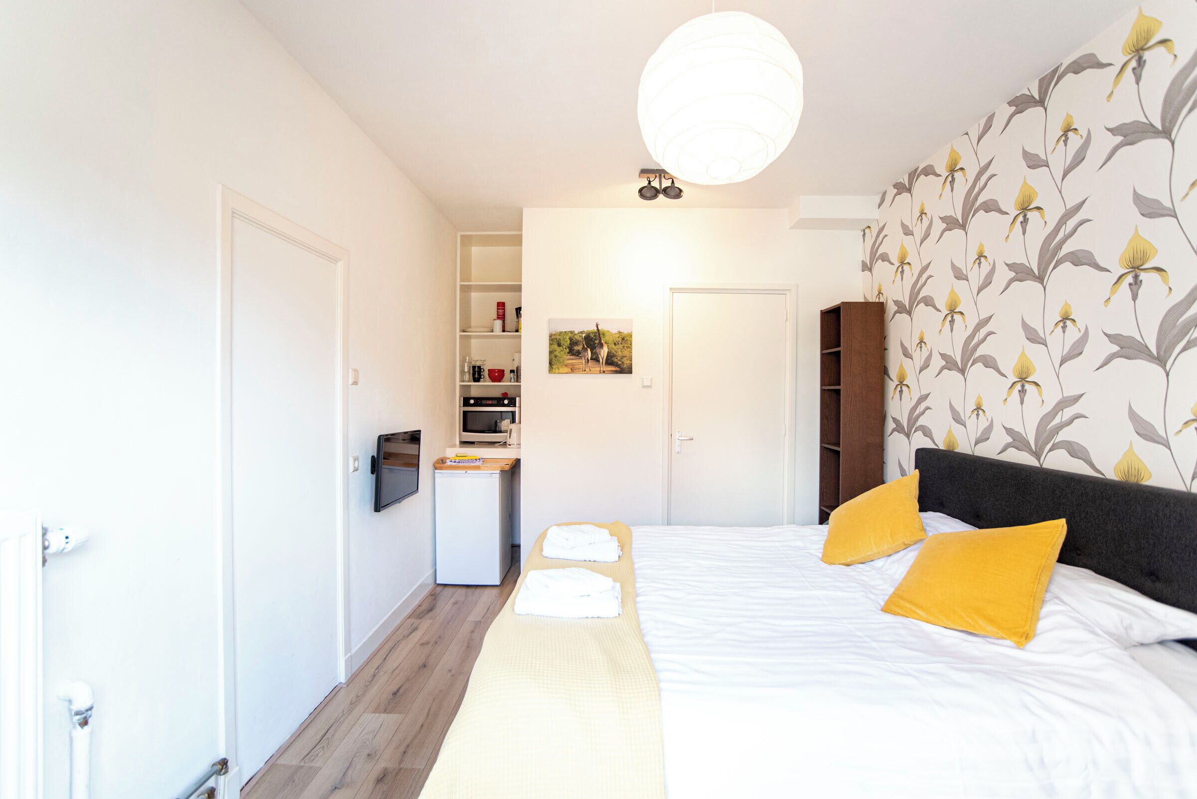 Een slaapkamer met een bed, twee kussens, een nachtkastje, een kledingkast, een kleine kitchenette en een deur.
