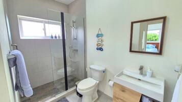Shower, hair dryer, towels, shampoo