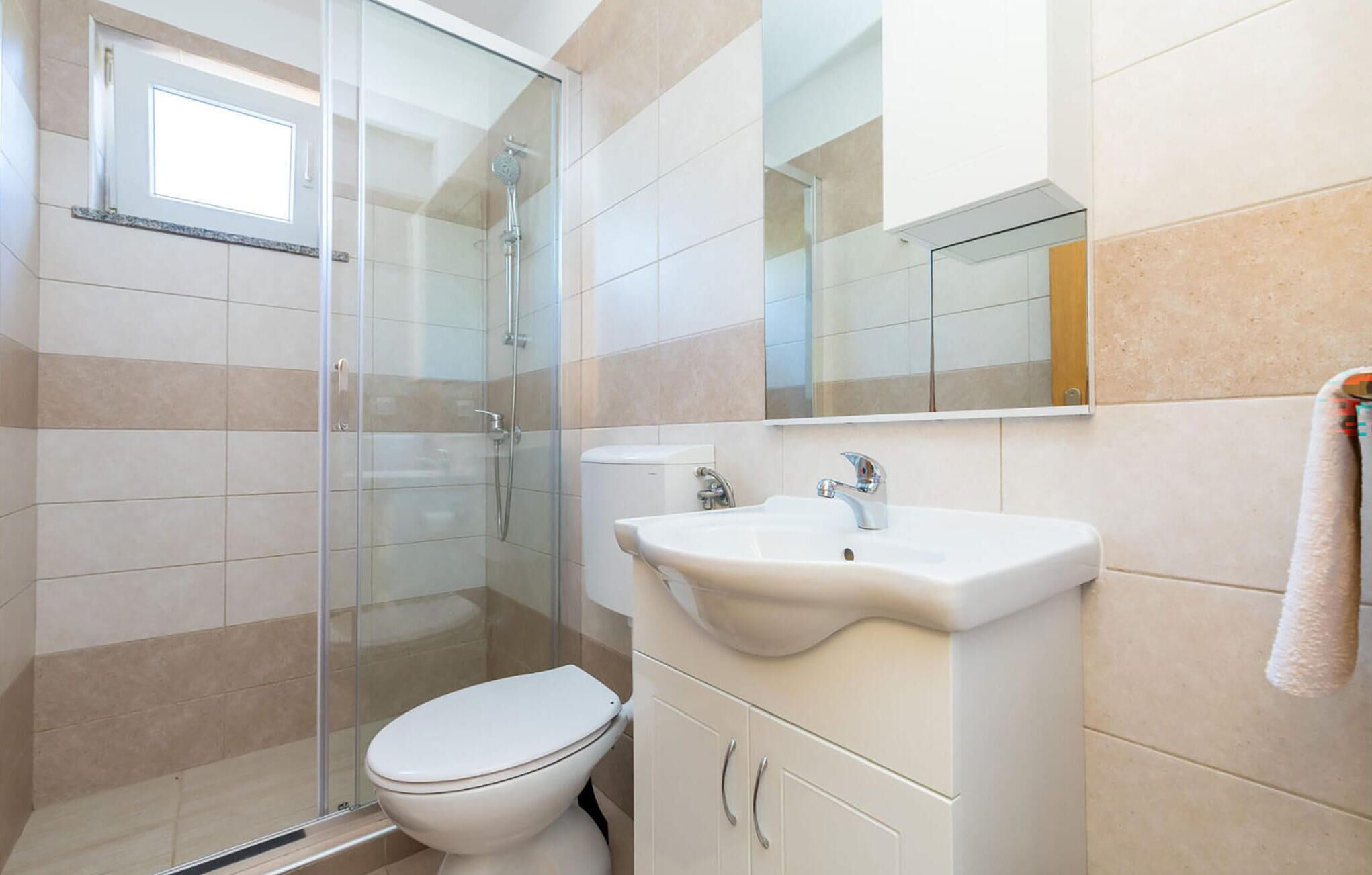 Ein modernes Badezimmer mit Duschkabine aus Glas, einer weißen Toilette und einem Waschbecken mit Spiegel darüber.
