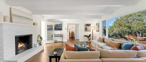 Smart TV, chimenea y libros
