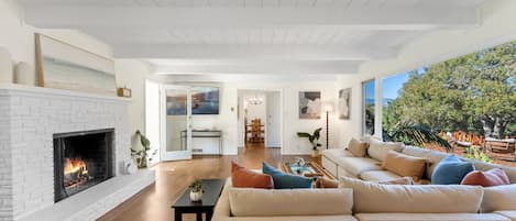 Smart TV, fireplace, books