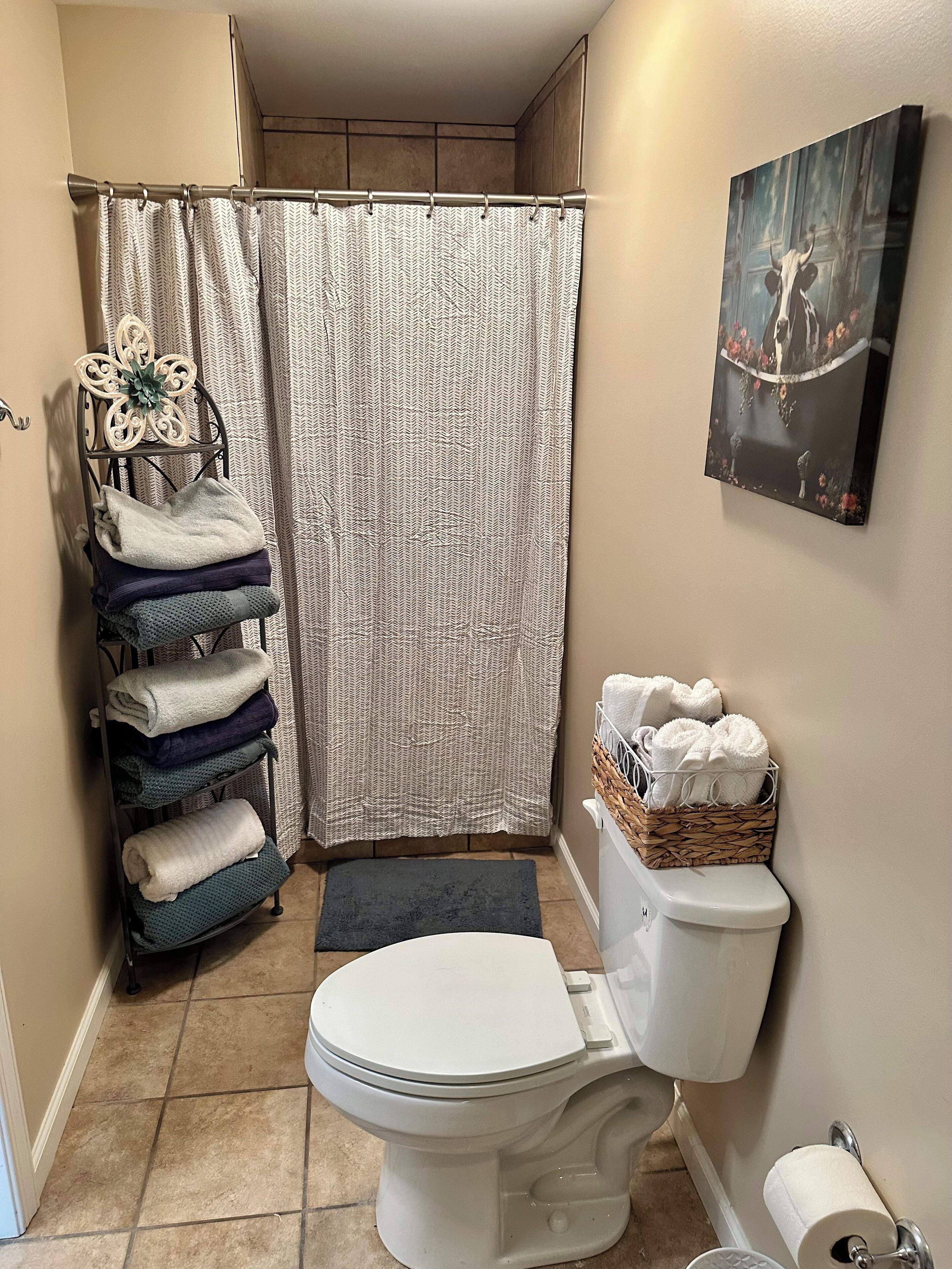 A small bathroom with a toilet, a shower curtain, a towel rack with folded towels, and a wall-mounted toilet paper holder.