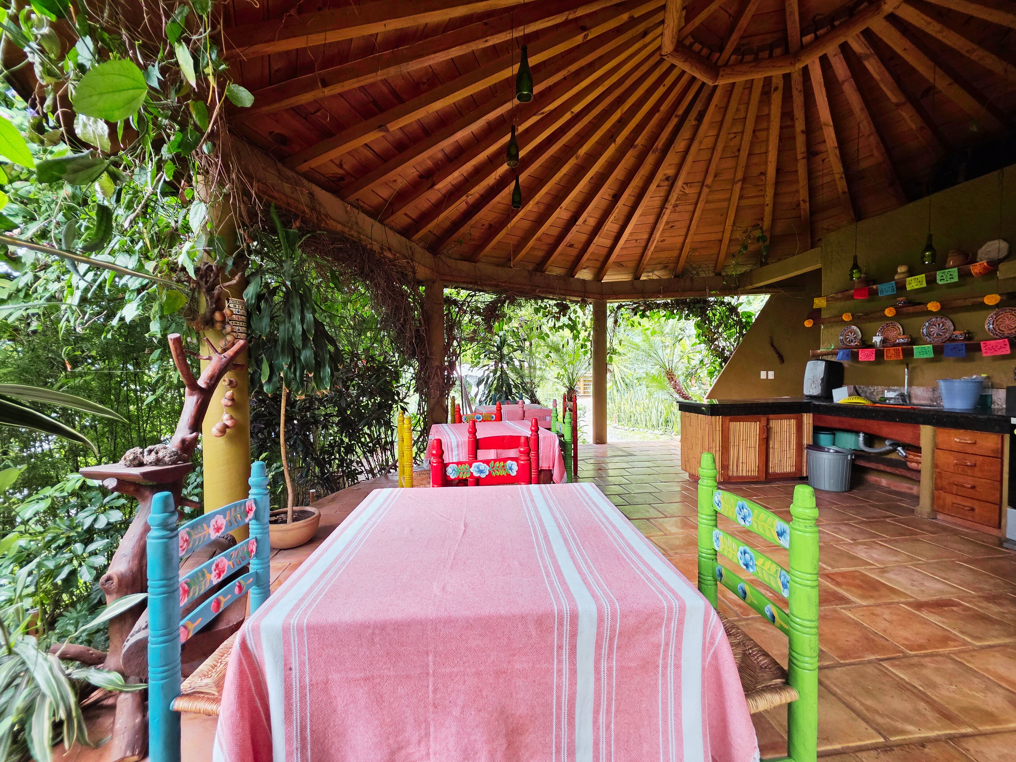 Un espacio de comedor al aire libre techado, con una mesa y sillas, rodeado de abundante follaje y un techo de madera.