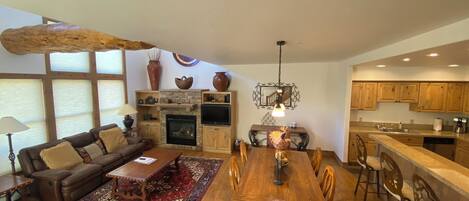 Smart TV, fireplace, books