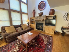 Smart TV, chimenea y libros 