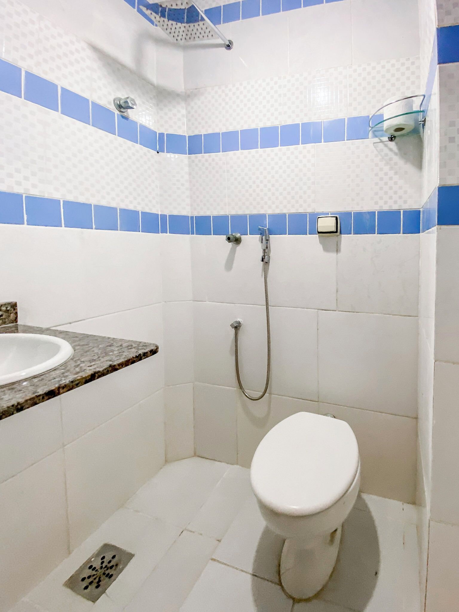 A bathroom with a white toilet, a sink with a granite countertop, and a shower with a blue-tiled wall.