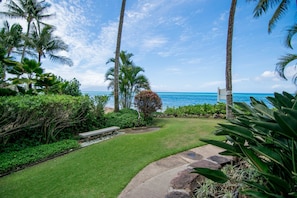 A well-maintained garden with a grassy lawn, stone pathway, and a bench. - 9th floor haven with ocean views (Lahaina)