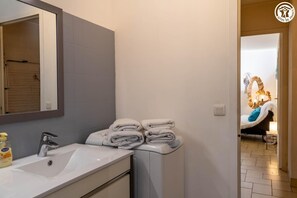 Shower, hair dryer, towels